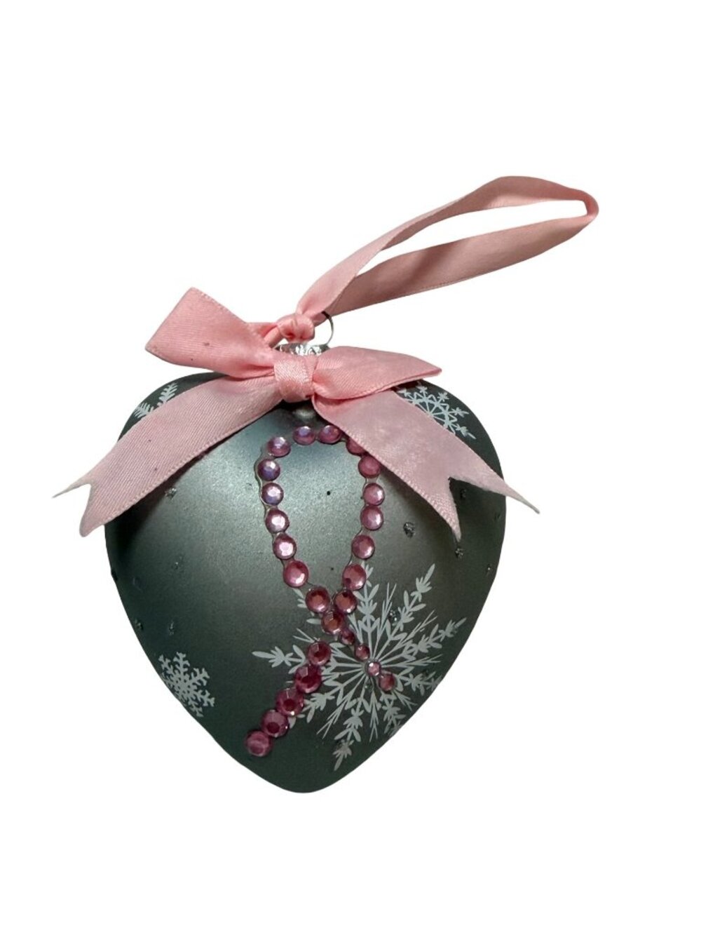Vintage Breast Cancer Awareness Silver Glass Heart Christmas Ornament Pink Ribbo